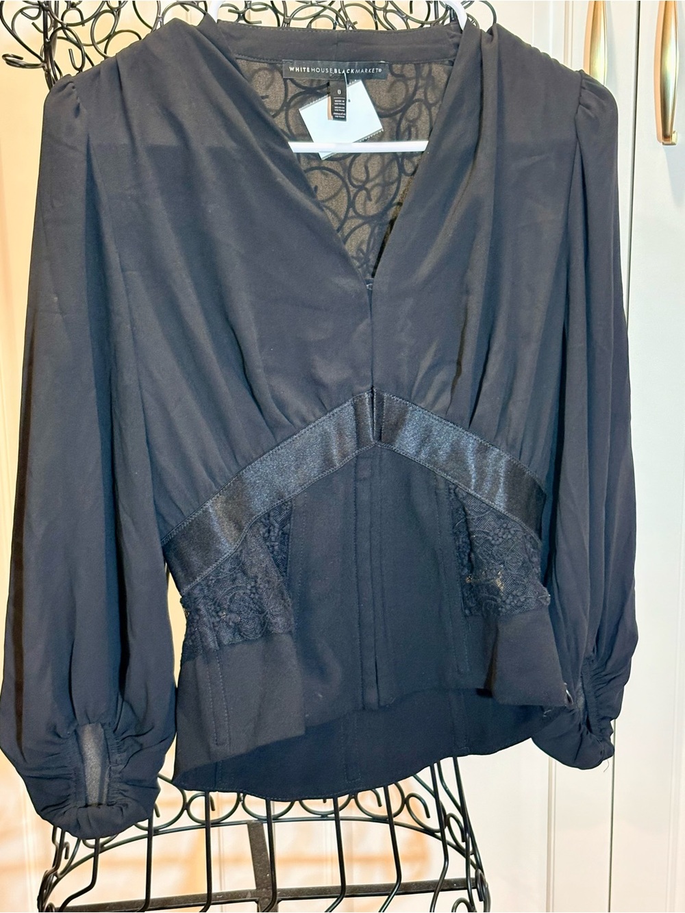 White House Black Market Black Lace-Accent V-Neck Corset Blouse